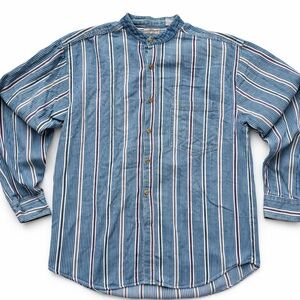 Vintage Double Impact Denim Stripe Band Collar Work Shirt L/XL
